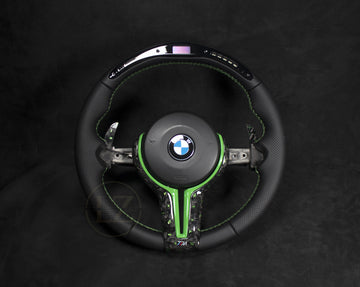 Kierownica LED BMW serii F, skórzana, neonowo-zielona, ​​detale