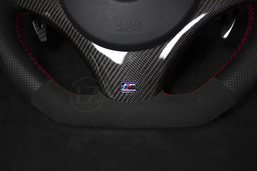 BMW E8X/E9X Skinn/Alcantara LED Ratt med Carbon paddles Røde Detaljer - LZ-Customs